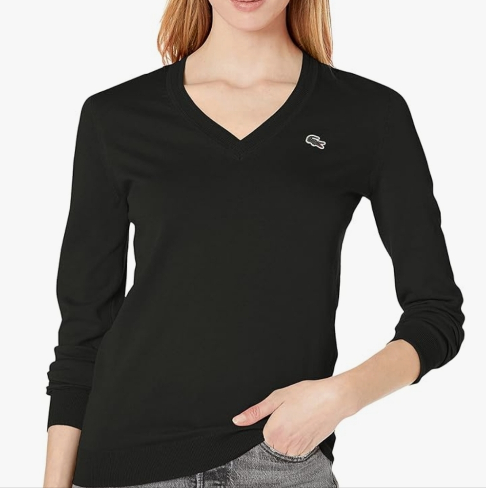 Lacoste womens Women's V-neck Cotton Jersey  Black Size 38/4 Black